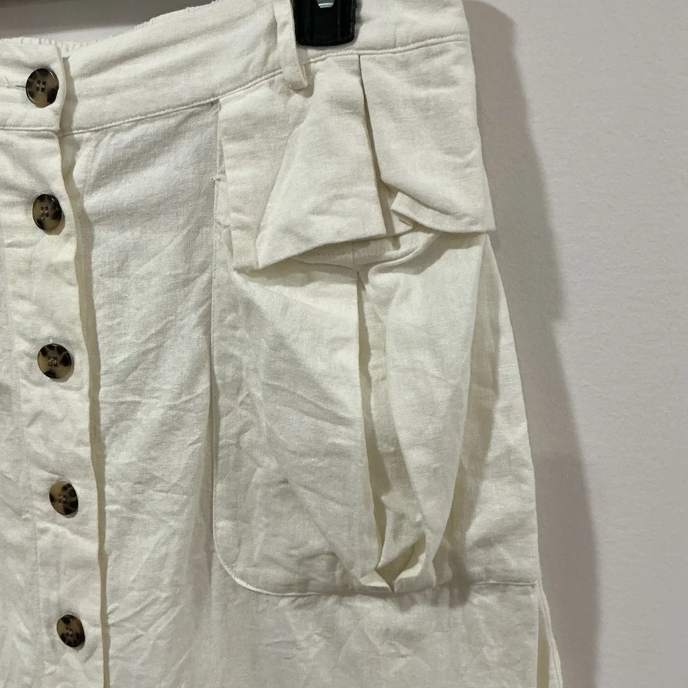 Nicole Miller Ivory Linen‎ Blend Button Front Cargo Utility Mini Skirt Large